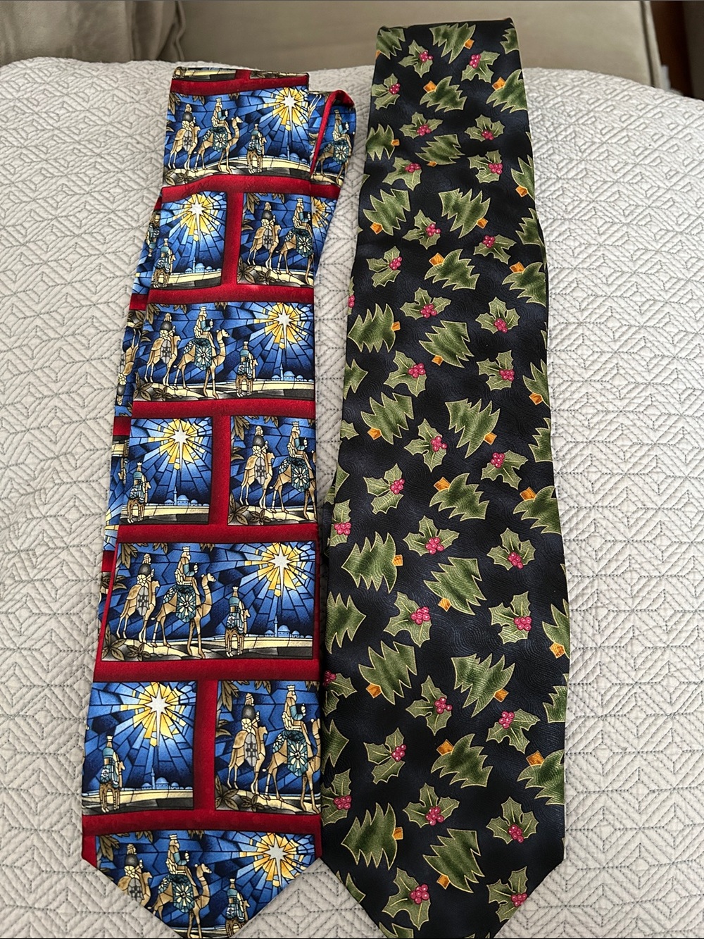 2 100% Silk Holiday Tie Set John Ashford Stained Glass Jos. A. Bank Trees Holly